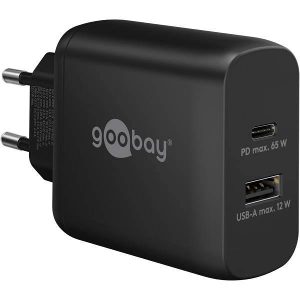 Caricabatterie rapido doppio Goobay USB-C™ PD (65 W) nero - 1x porta USB-C™ (Power Delivery) e 1x porta USB-A - nero-0