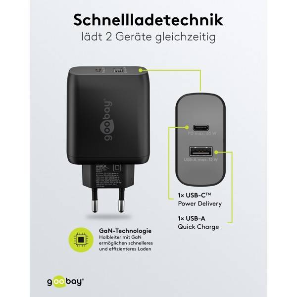 Caricabatterie rapido doppio Goobay USB-C™ PD (65 W) nero - 1x porta USB-C™ (Power Delivery) e 1x porta USB-A - nero-3
