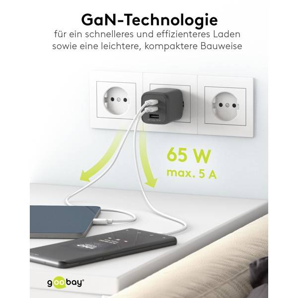 Caricabatterie rapido multiporta Goobay USB-C™ PD Nano (65 W) nero - 2 porte USB-C™ (Power Delivery) e 1 porta USB-A...-5