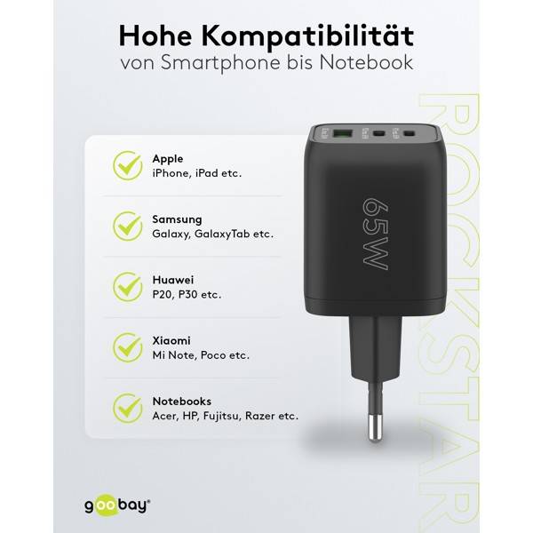 Caricabatterie rapido multiporta Goobay USB-C™ PD Nano (65 W) nero - 2 porte USB-C™ (Power Delivery) e 1 porta USB-A...-6