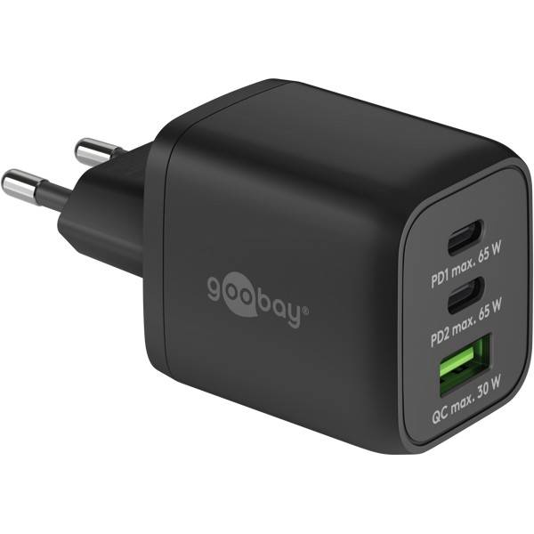 Caricabatterie rapido multiporta Goobay USB-C™ PD Nano (65 W) nero - 2 porte USB-C™ (Power Delivery) e 1 porta USB-A...-0