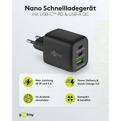 Caricabatterie rapido multiporta Goobay USB-C™ PD Nano (65 W) nero - 2 porte USB-C™ (Power Delivery) e 1 porta USB-A...-1