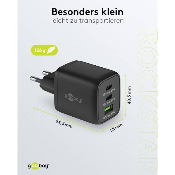 Caricabatterie rapido multiporta Goobay USB-C™ PD Nano (65 W) nero - 2 porte USB-C™ (Power Delivery) e 1 porta USB-A...-2