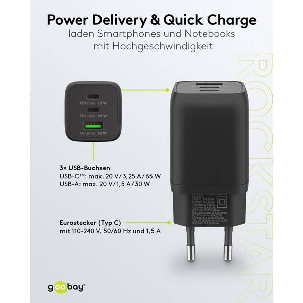 Caricabatterie rapido multiporta Goobay USB-C™ PD Nano (65 W) nero - 2 porte USB-C™ (Power Delivery) e 1 porta USB-A...-3