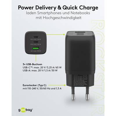 Caricabatterie rapido multiporta Goobay USB-C™ PD Nano (65 W) nero - 2 porte USB-C™ (Power Delivery) e 1 porta USB-A...-3