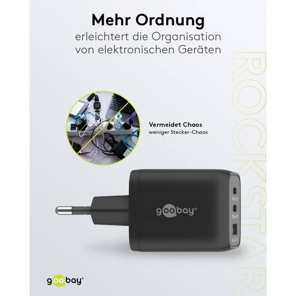 Caricabatterie rapido multiporta Goobay USB-C™ PD Nano (65 W) nero - 2 porte USB-C™ (Power Delivery) e 1 porta USB-A...-4