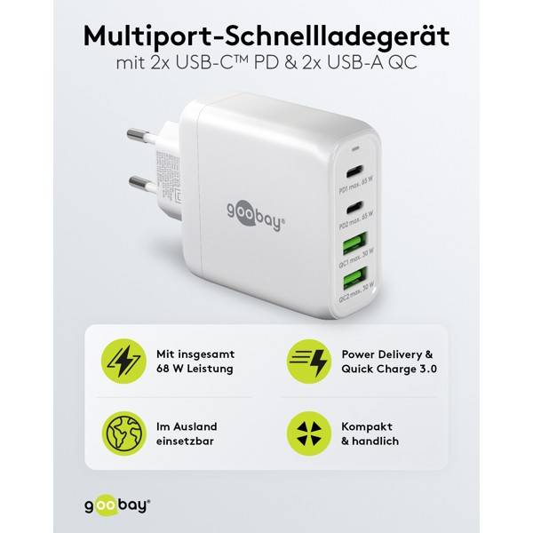 Caricabatterie rapido multiporta Goobay USB-C™ PD (68 W) bianco - 2 porte USB-C™ (Power Delivery) e 2 porte USB-A...-1