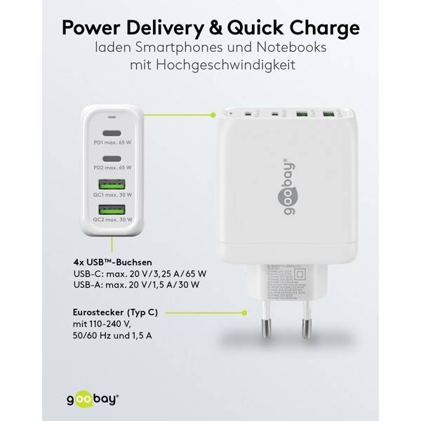 Caricabatterie rapido multiporta Goobay USB-C™ PD (68 W) bianco - 2 porte USB-C™ (Power Delivery) e 2 porte USB-A...-3