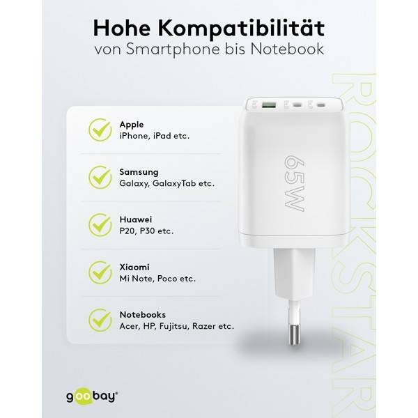 Nano Caricatore Alimentatore GaN 2xUSB-C™ (PD) + USB-A (QC) da Muro 65W Bianco-5