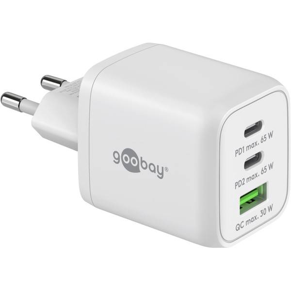 Nano Caricatore Alimentatore GaN 2xUSB-C™ (PD) + USB-A (QC) da Muro 65W Bianco