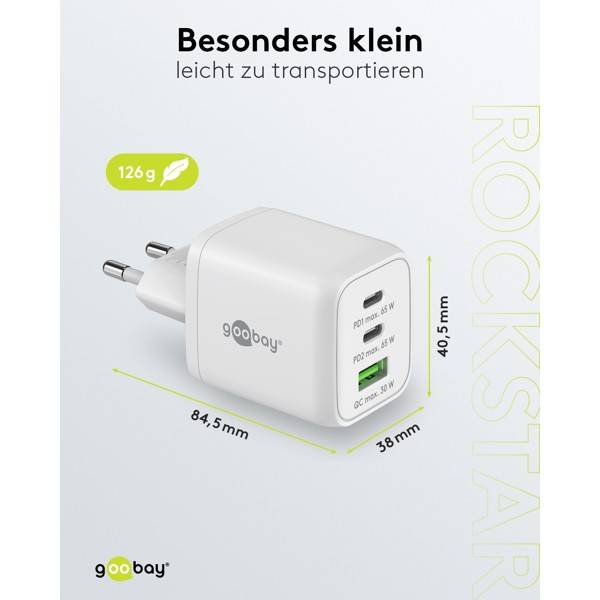 Nano Caricatore Alimentatore GaN 2xUSB-C™ (PD) + USB-A (QC) da Muro 65W Bianco-2