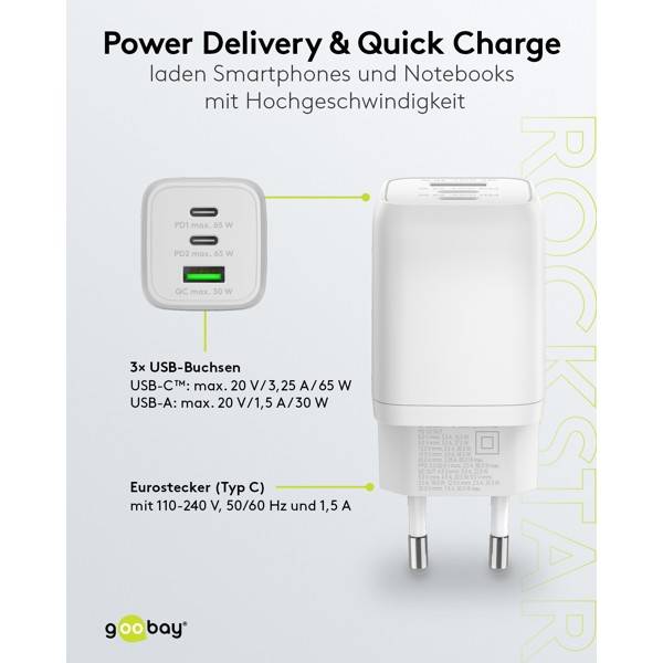Nano Caricatore Alimentatore GaN 2xUSB-C™ (PD) + USB-A (QC) da Muro 65W Bianco-3