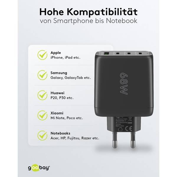 Caricabatterie rapido multiporta Goobay USB-C™ PD (68 W) nero - 3 porte USB-C™ (Power Delivery) e 1 porta USB-A...-6