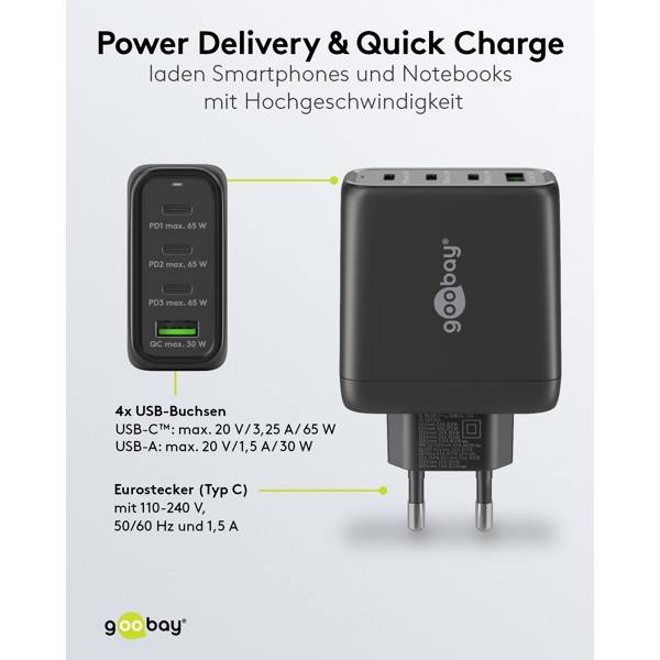 Caricabatterie rapido multiporta Goobay USB-C™ PD (68 W) nero - 3 porte USB-C™ (Power Delivery) e 1 porta USB-A...-3
