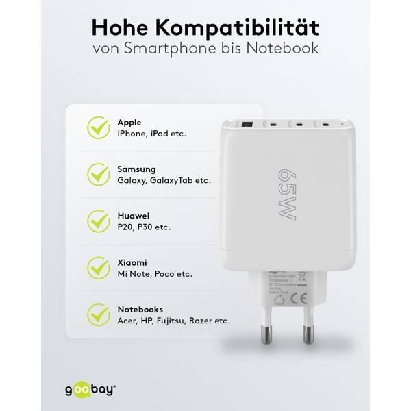 Caricabatterie rapido multiporta Goobay USB-C™ PD (68 W) bianco - 3 porte USB-C™ (Power Delivery) e 1 porta USB-A...-6