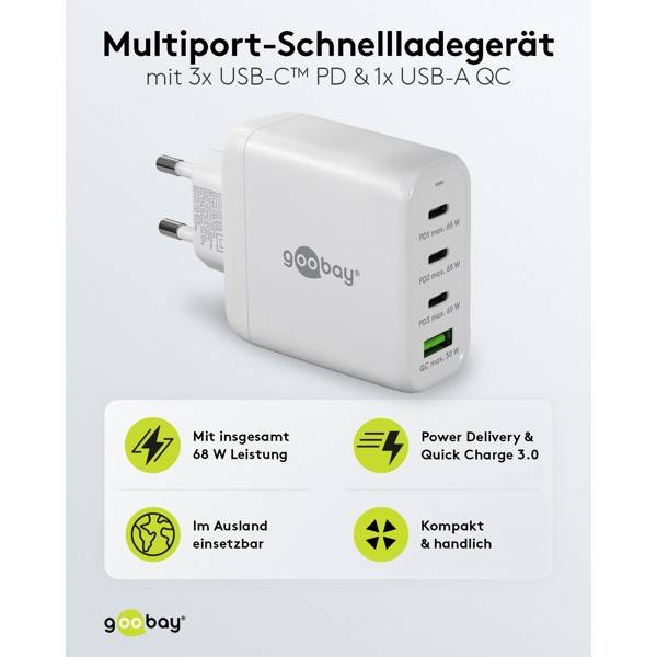 Caricabatterie rapido multiporta Goobay USB-C™ PD (68 W) bianco - 3 porte USB-C™ (Power Delivery) e 1 porta USB-A...-1