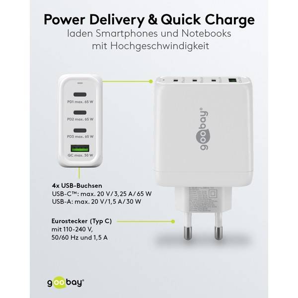 Caricabatterie rapido multiporta Goobay USB-C™ PD (68 W) bianco - 3 porte USB-C™ (Power Delivery) e 1 porta USB-A...-3