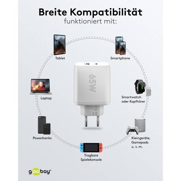 Caricabatterie rapido doppio Goobay USB-C™ PD (65 W) bianco - 1x porta USB-C™ (Power Delivery) e 1x porta USB-A - bianco-5