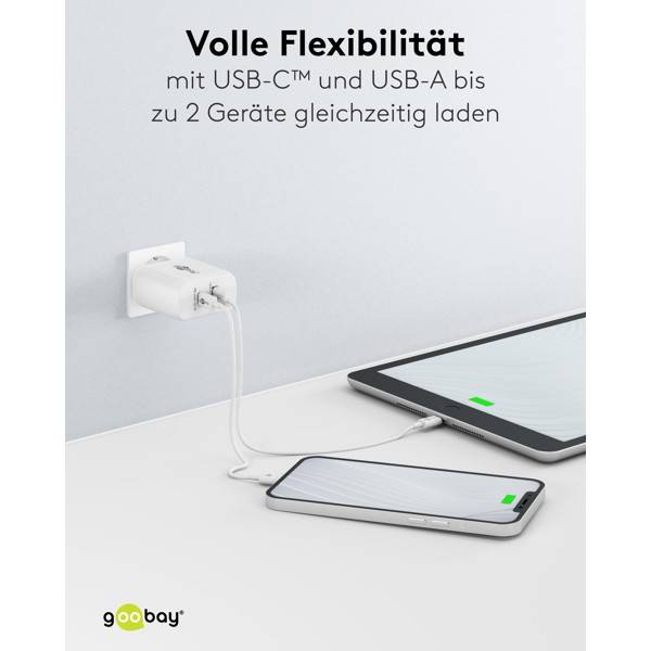 Caricabatterie rapido doppio Goobay USB-C™ PD (65 W) bianco - 1x porta USB-C™ (Power Delivery) e 1x porta USB-A - bianco-6