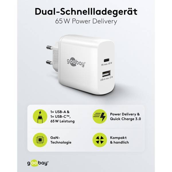 Caricabatterie rapido doppio Goobay USB-C™ PD (65 W) bianco - 1x porta USB-C™ (Power Delivery) e 1x porta USB-A - bianco-1