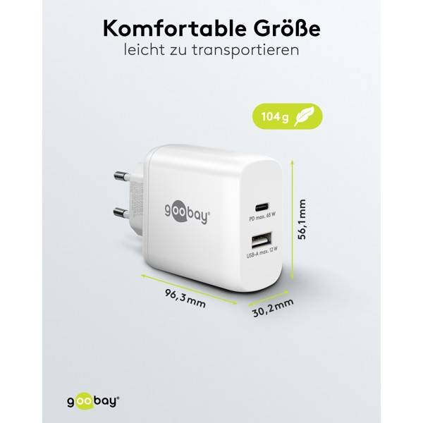 Caricabatterie rapido doppio Goobay USB-C™ PD (65 W) bianco - 1x porta USB-C™ (Power Delivery) e 1x porta USB-A - bianco-2