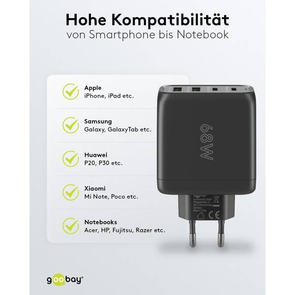 Caricabatterie rapido multiporta Goobay USB-C™ PD (68 W) nero - 2 porte USB-C™ (Power Delivery) e 2 porte USB-A...-6