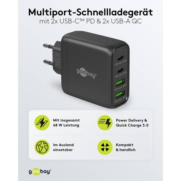 Caricabatterie rapido multiporta Goobay USB-C™ PD (68 W) nero - 2 porte USB-C™ (Power Delivery) e 2 porte USB-A...-1