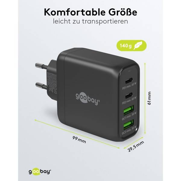 Caricabatterie rapido multiporta Goobay USB-C™ PD (68 W) nero - 2 porte USB-C™ (Power Delivery) e 2 porte USB-A...-2
