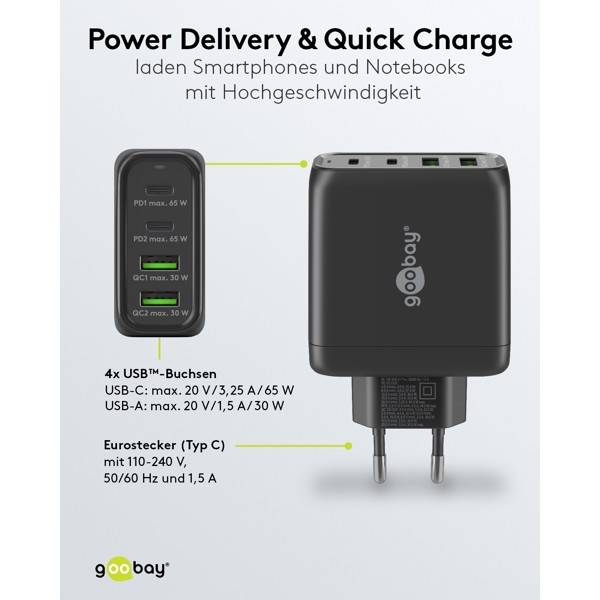 Caricabatterie rapido multiporta Goobay USB-C™ PD (68 W) nero - 2 porte USB-C™ (Power Delivery) e 2 porte USB-A...-3