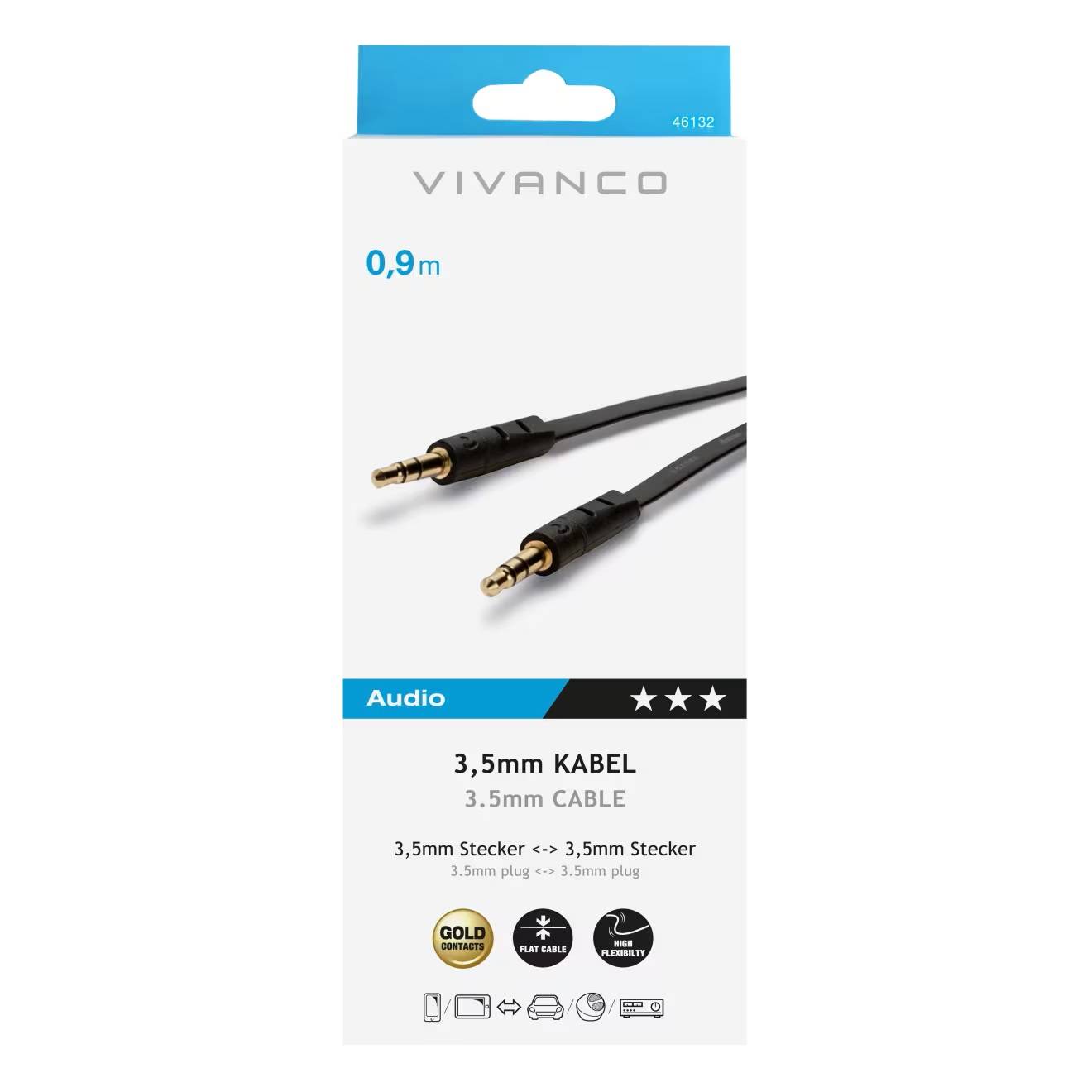 Vivanco 46/10 09FG Audio Cavo [1x Spina jack da 3.5 mm - 1x Spina jack da 3.5 mm] 0.90 m Nero-3