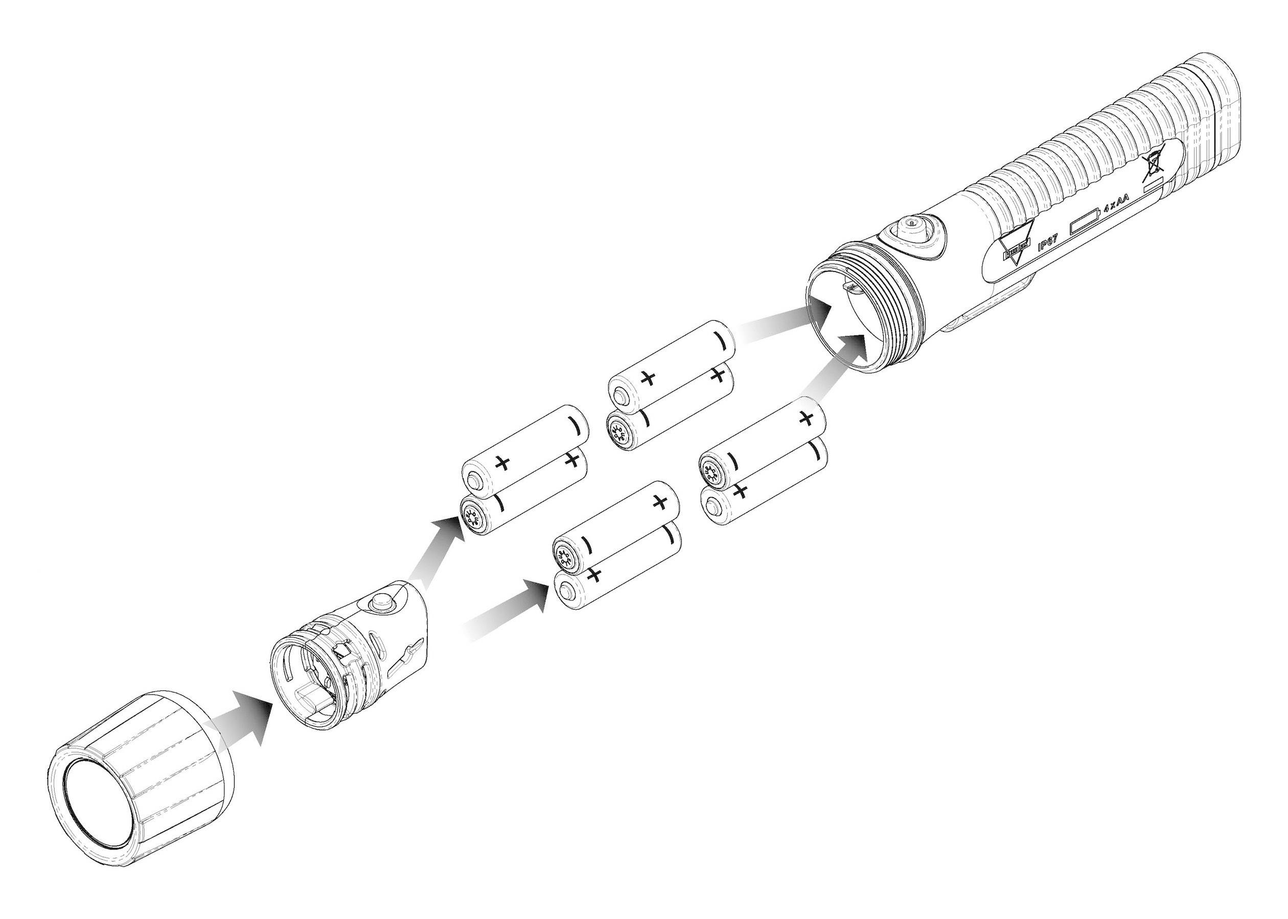 Disegno esploso di una torcia che mostra le batterie nell'ordine corretto per l'inserimento: coperchio, batterie, lampada.