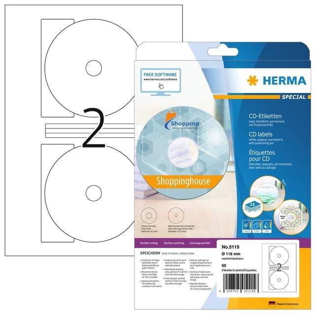 HERMA SuperPrint - Selbstklebende undurchsichtige CD/DVD-Etiketten - weiß - 166 mm rund - 50 Stck. (25 Bogen x 2) (5115)-9