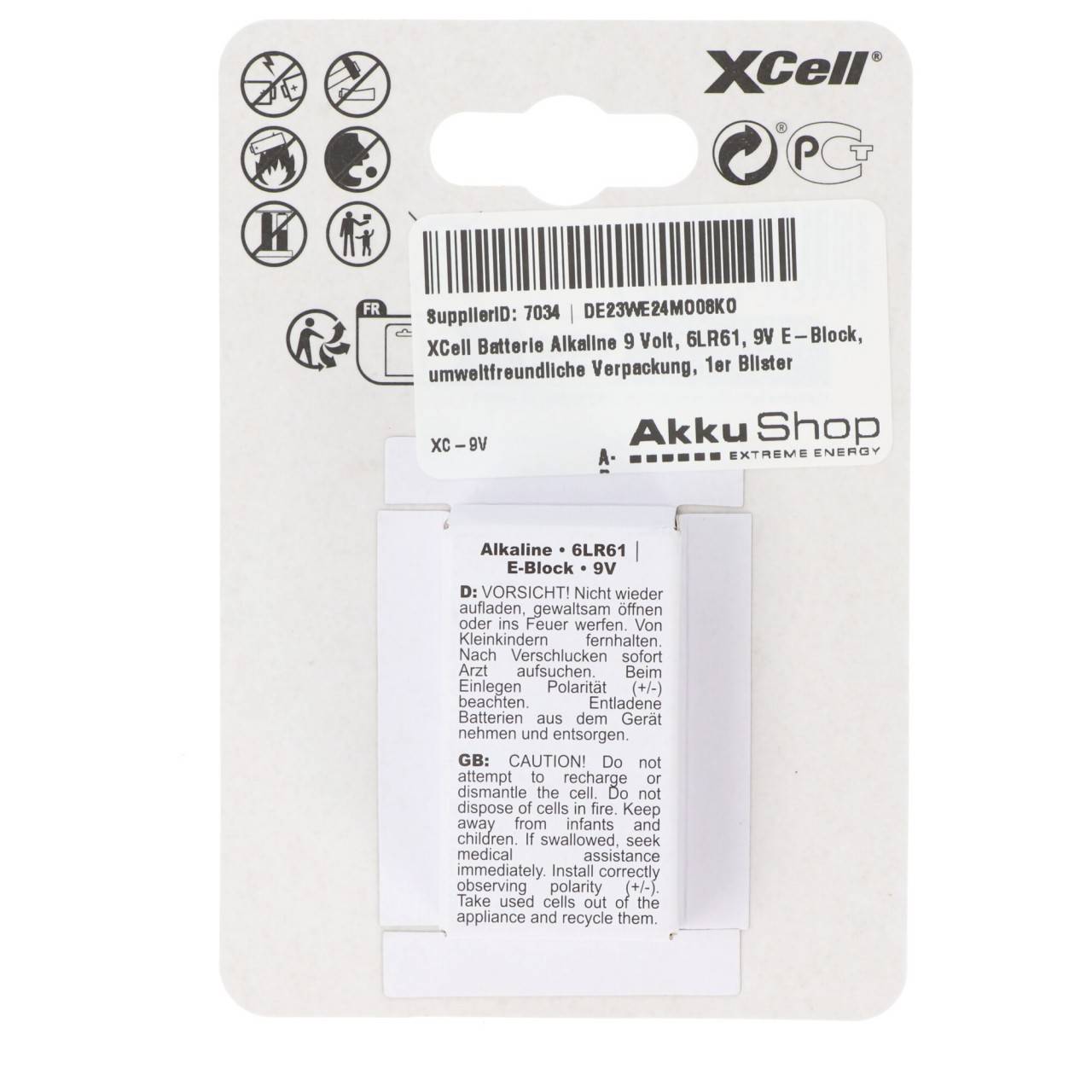Batteria alcalina XCell da 9 volt, 6LR61, blocco E da 9 V, confezione ecologica, blister da 1-1