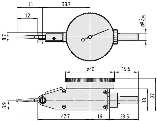 MITUTOYO, 513-465-10E, Quadrante Comparatore a leva, Horizontal, Compact, Basic Set, 0,2mm, 0,002mm, 8mm Stelo, Stilo-2