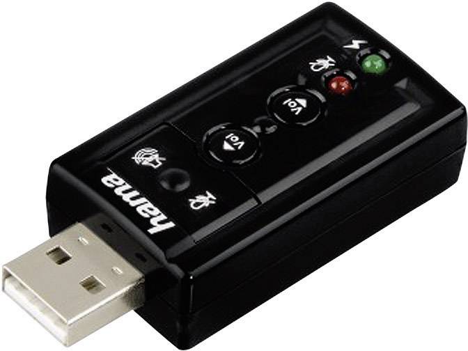 'Adattatore audio USB nero Hama con tasti del volume e indicatori LED per le funzioni.'