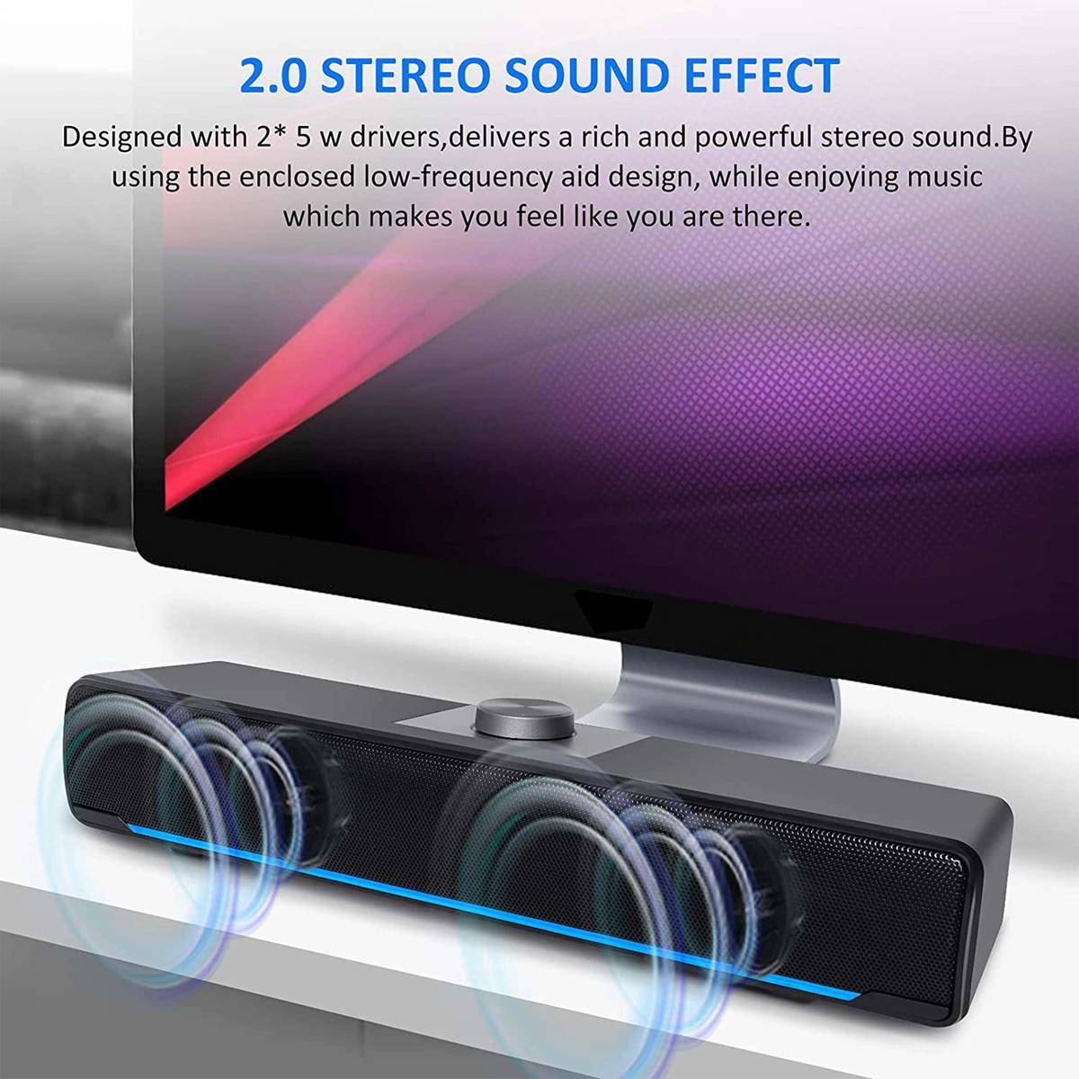 Soundbar Altoparlante Stereo Usb Luce Led Aux 3,5mm Per Pc Desktop Latpop-2