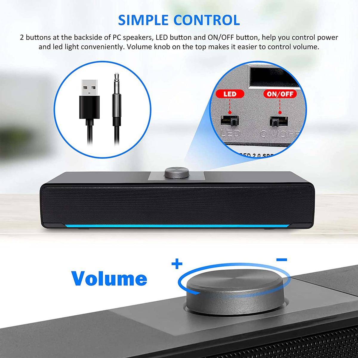 Soundbar Altoparlante Stereo Usb Luce Led Aux 3,5mm Per Pc Desktop Latpop-3