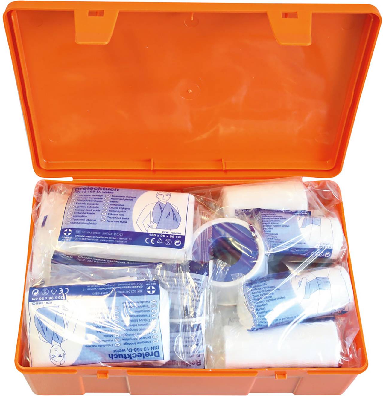 Kit di pronto soccorso, arancione, DIN13157, dotazione di base incl. supporto a parete-1
