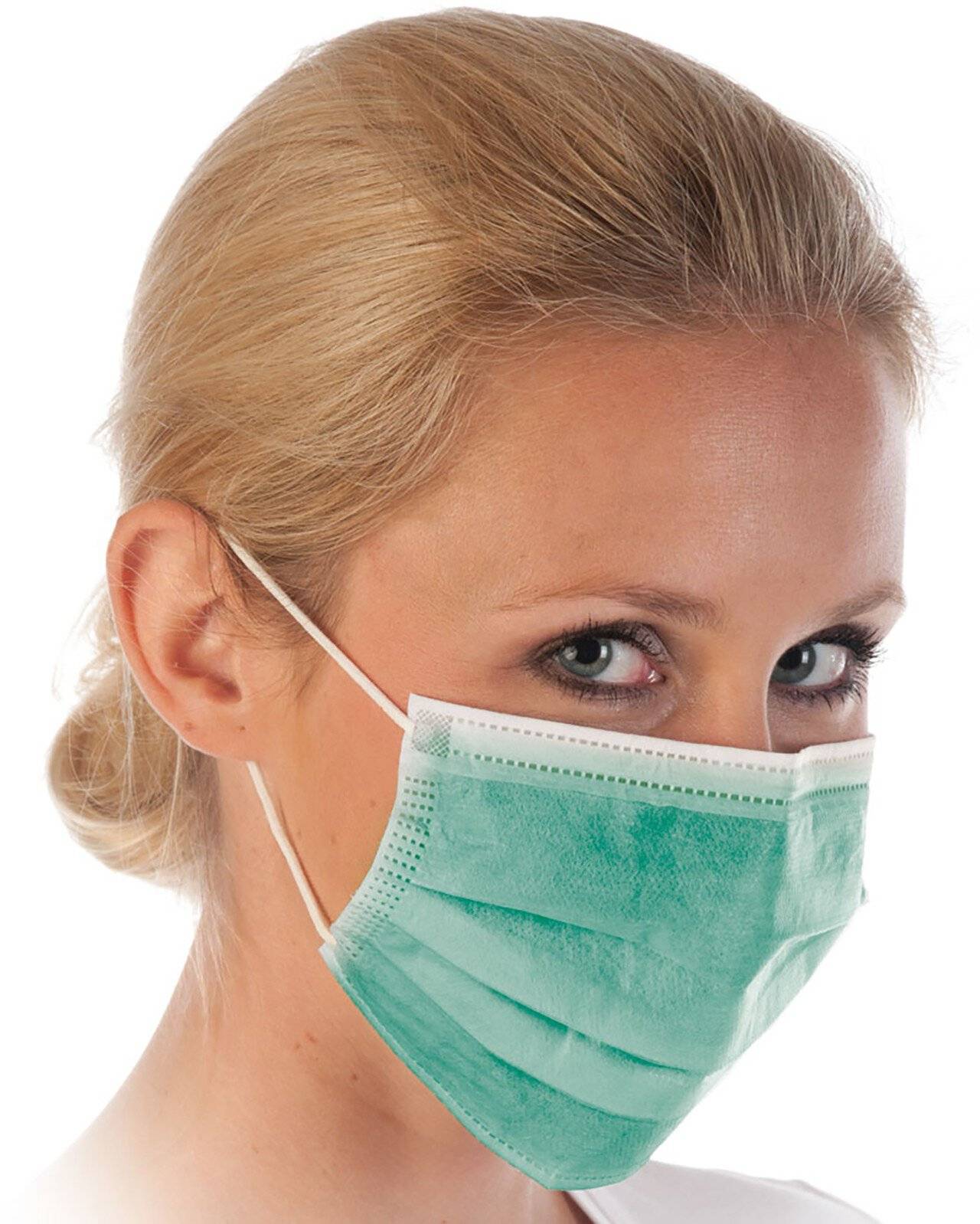Paradenti Hygostar PP, verde, tipo II, 3 strati (99%), elastici, scatola dispenser, PU: 50 pz.-0
