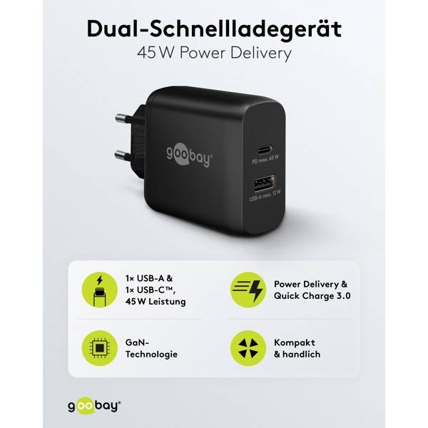 Caricabatterie rapido doppio Goobay USB-C™ PD (45 W) nero - 1x porta USB-C™ (Power Delivery) e 1x porta USB-A - nero-1