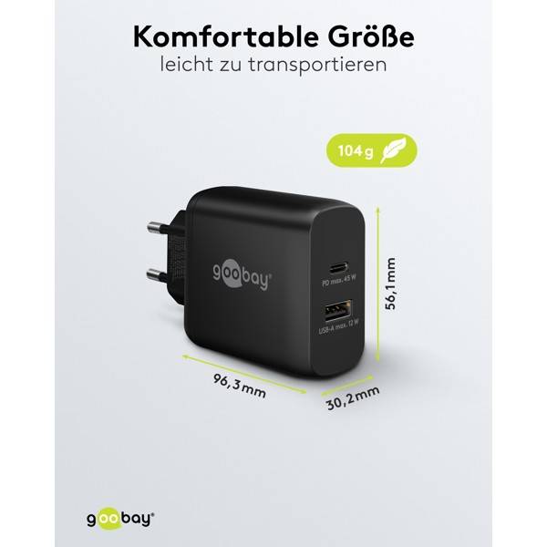 Caricabatterie rapido doppio Goobay USB-C™ PD (45 W) nero - 1x porta USB-C™ (Power Delivery) e 1x porta USB-A - nero-2