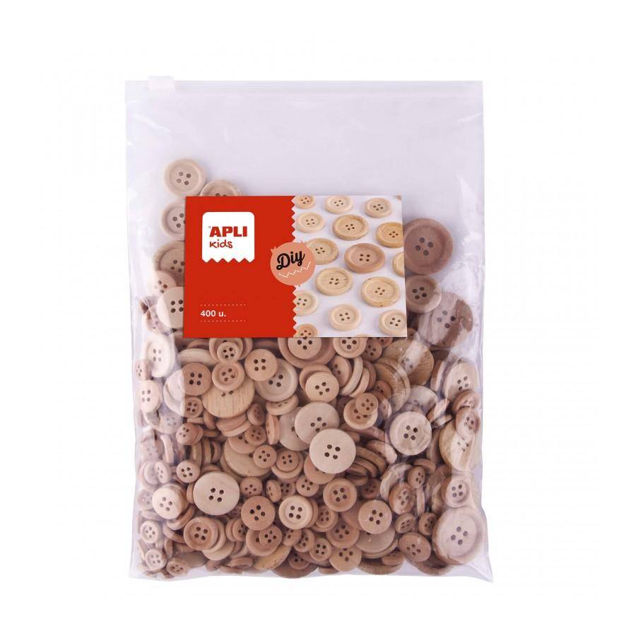 Apli Kids Borsa da 400 Bottoni in Legno Naturale - Misure 10mm, 15mm, 20mm, 25mm-0