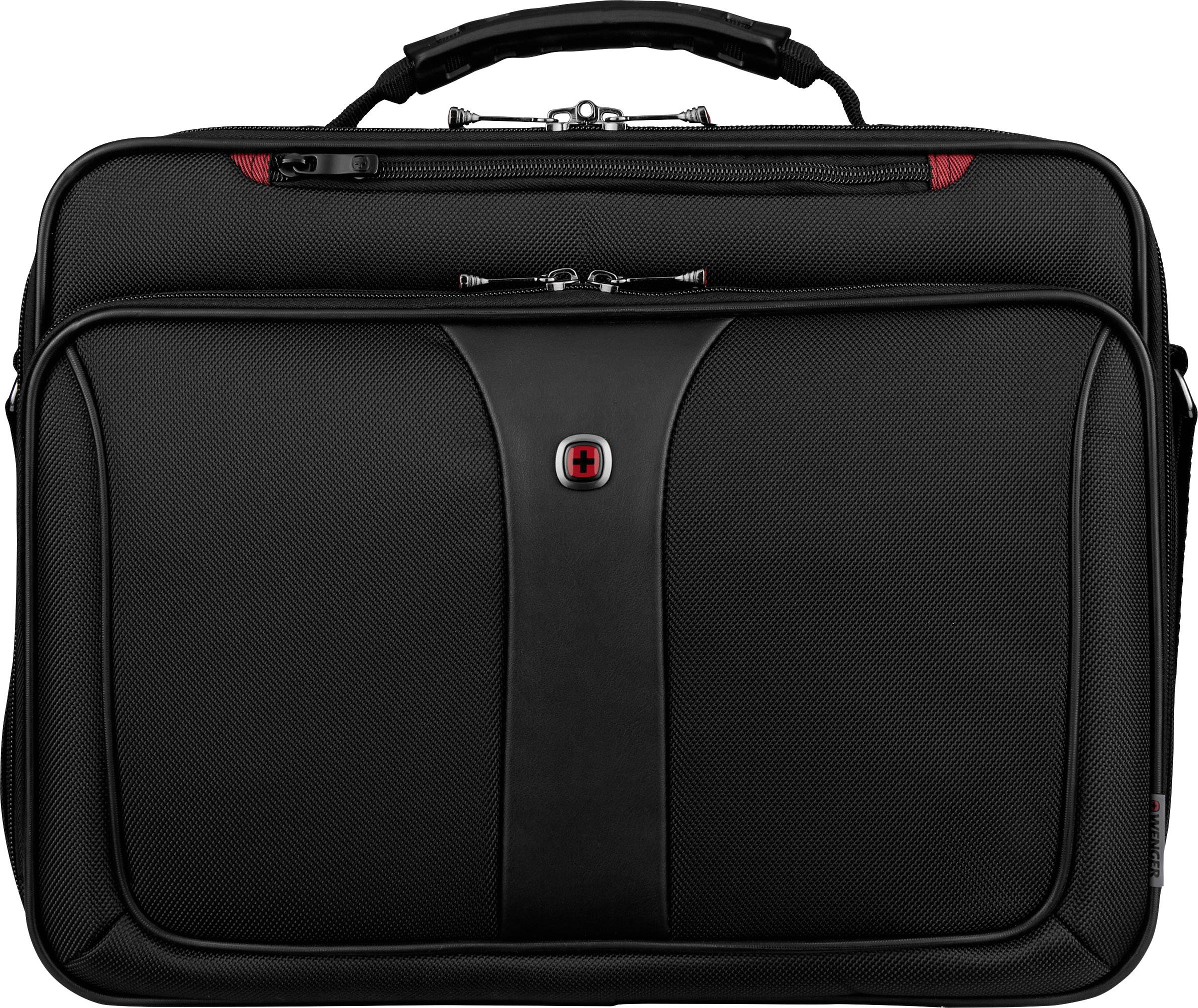 Borsa per laptop nera, rettangolare, con manico e cerniera. Logo del marchio centrale sulla parte anteriore.