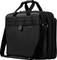 Una borsa per laptop nera con tracolla e manici, adatta per occasioni di lavoro. Due scomparti principali con cerniere.