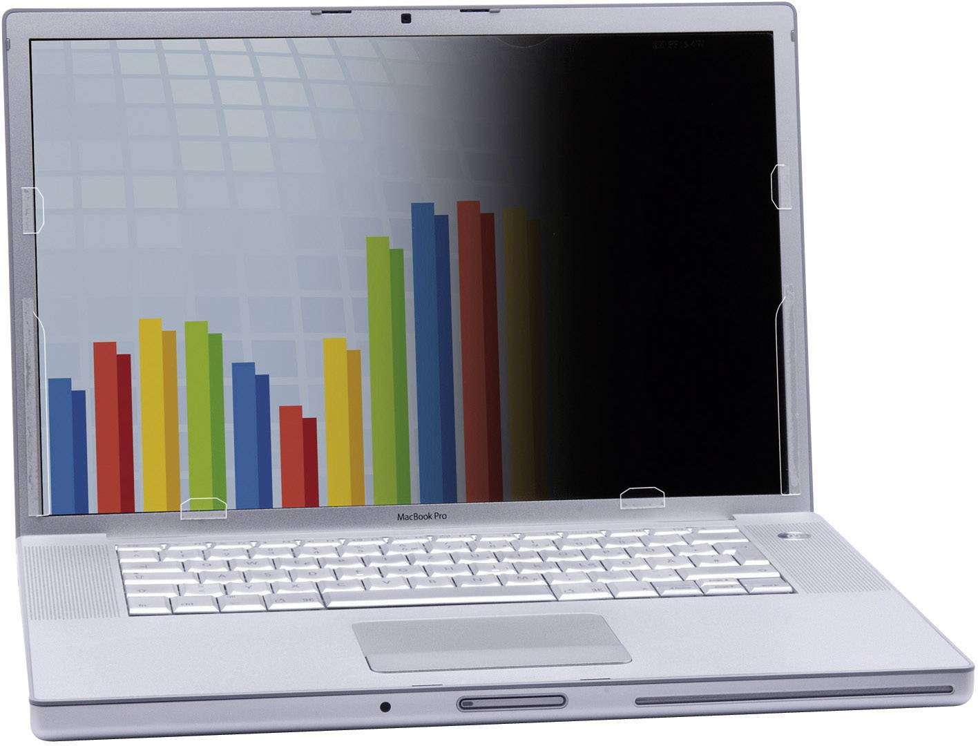 Un laptop aperto mostra sullo schermo un diagramma con barre verticali colorate di altezze diverse.
