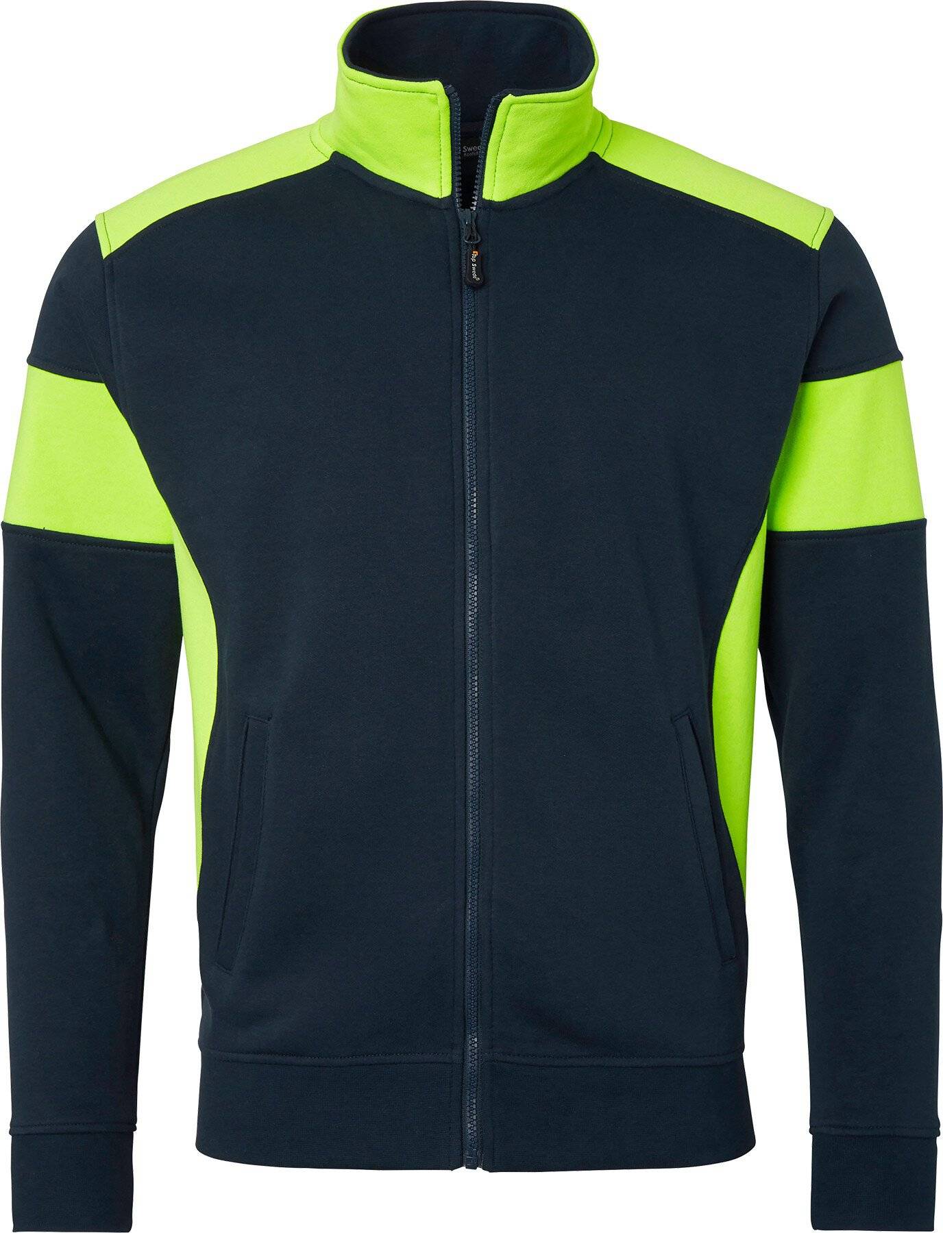 223 Felpa con zip integrale, unisex, blu navy/giallo fluorescente, 3XL-0