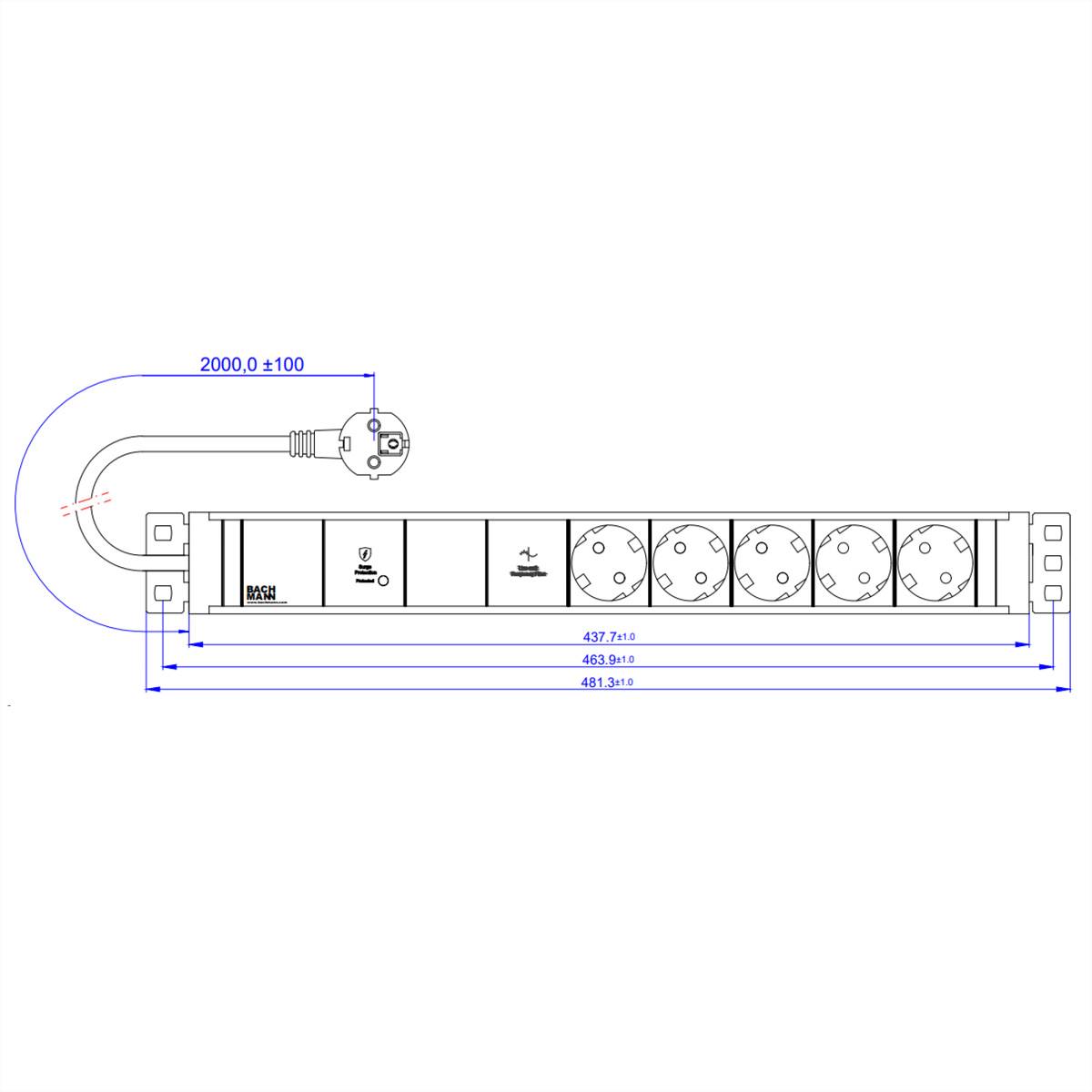 BACHMANN 19" 1.5U 5xCEE7/3 1xGVS-Plus 2.0m CEE7/7-1