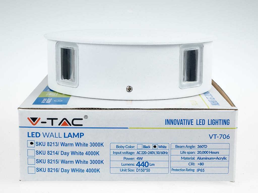 Lampada da muro Led bianca 4W Wall Light IP65 forma rotonda V-TAC VT-706 3000K-2