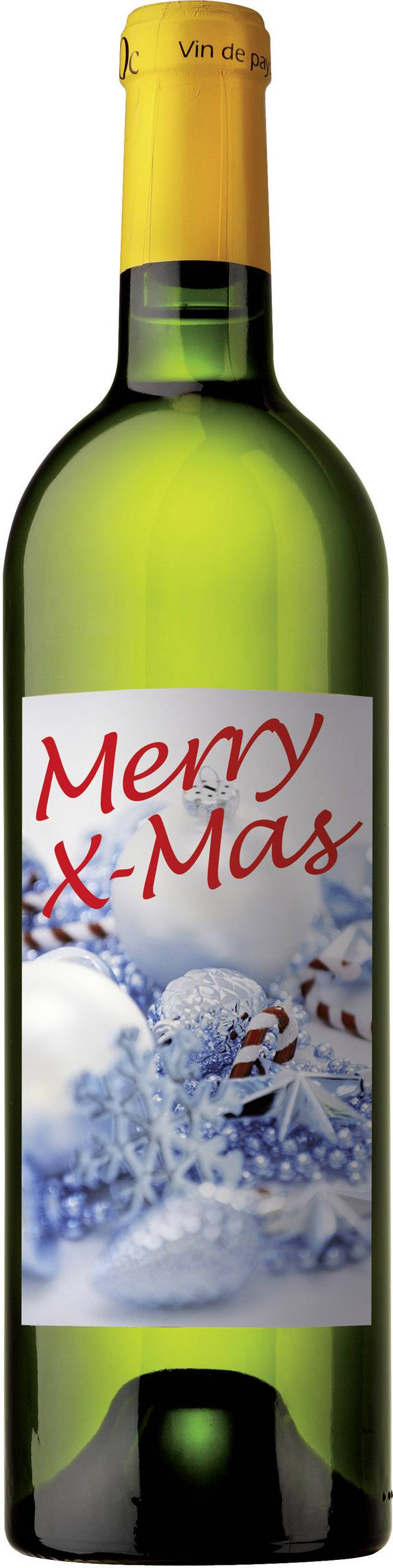 Bottiglia di vino con collo giallo, l'etichetta mostra decorazioni invernali e il testo 'Merry X-Mas'.