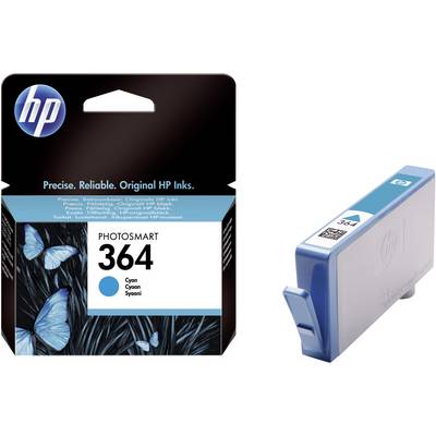 Cartuccia di inchiostro HP 364 in Ciano, confezionata. Confezione con farfalla blu. Testo sulla confezione: 'Preciso. Affidabile. Inchiostri originali HP.'